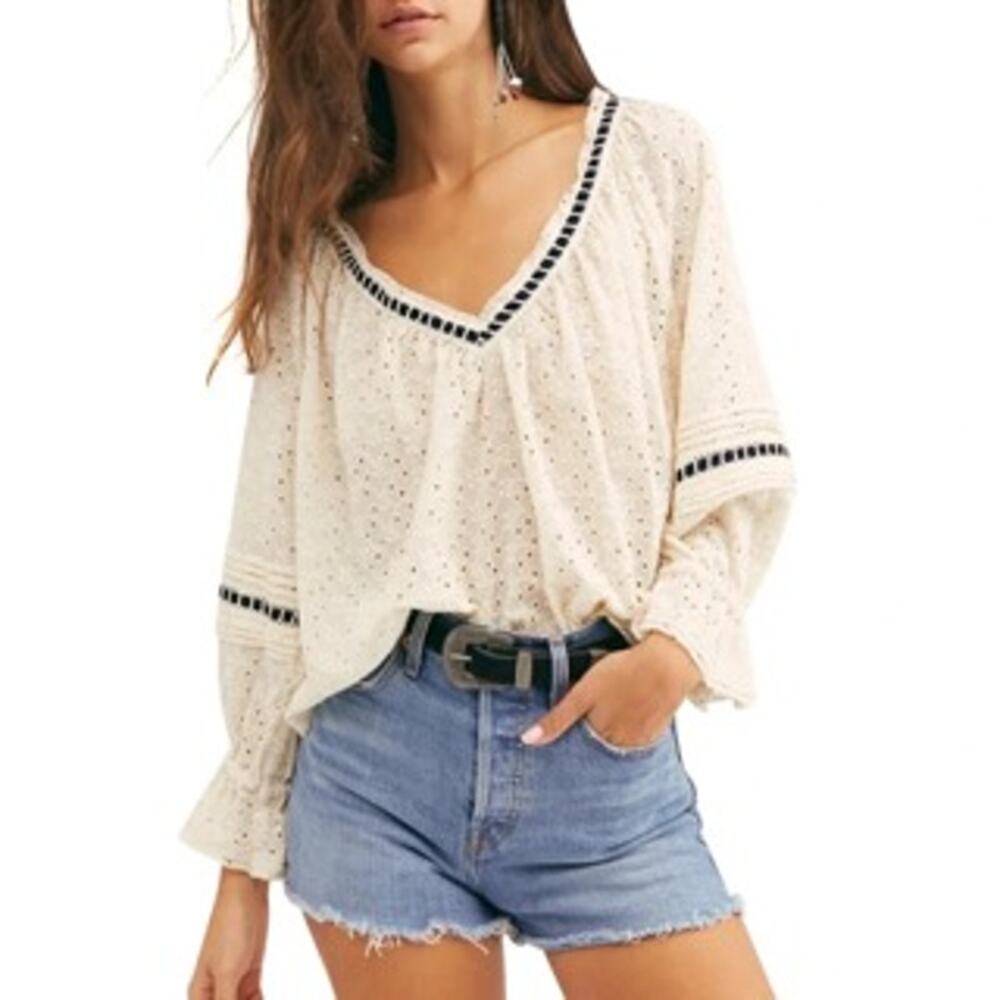 Free People Darcy Eyelet Blouse Top XS 100% Cotton Ladder Trim Puff Sleeve Ivory